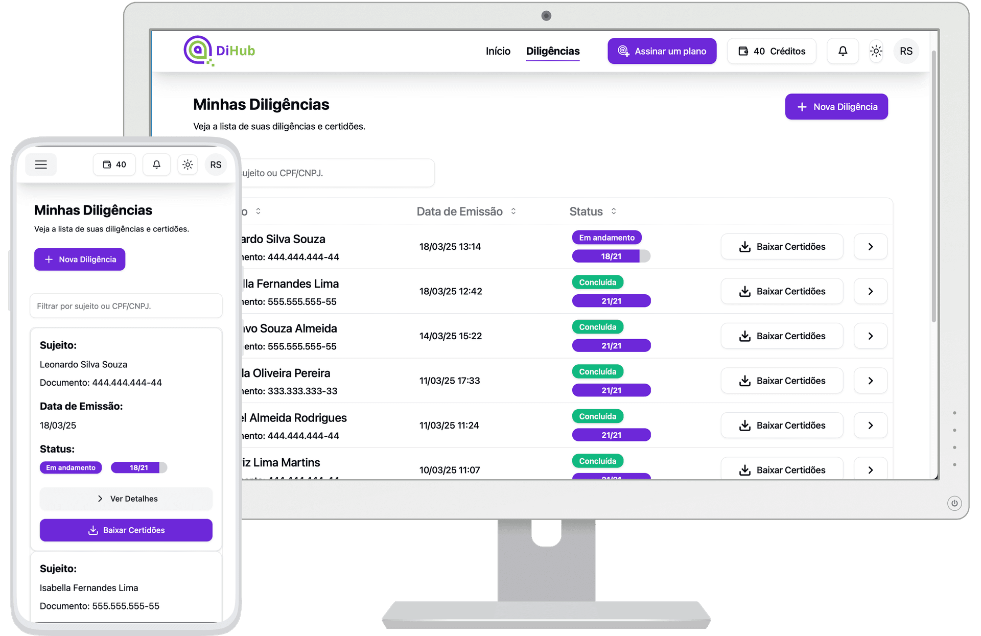 Computador com o dashboard da Diligence Hub